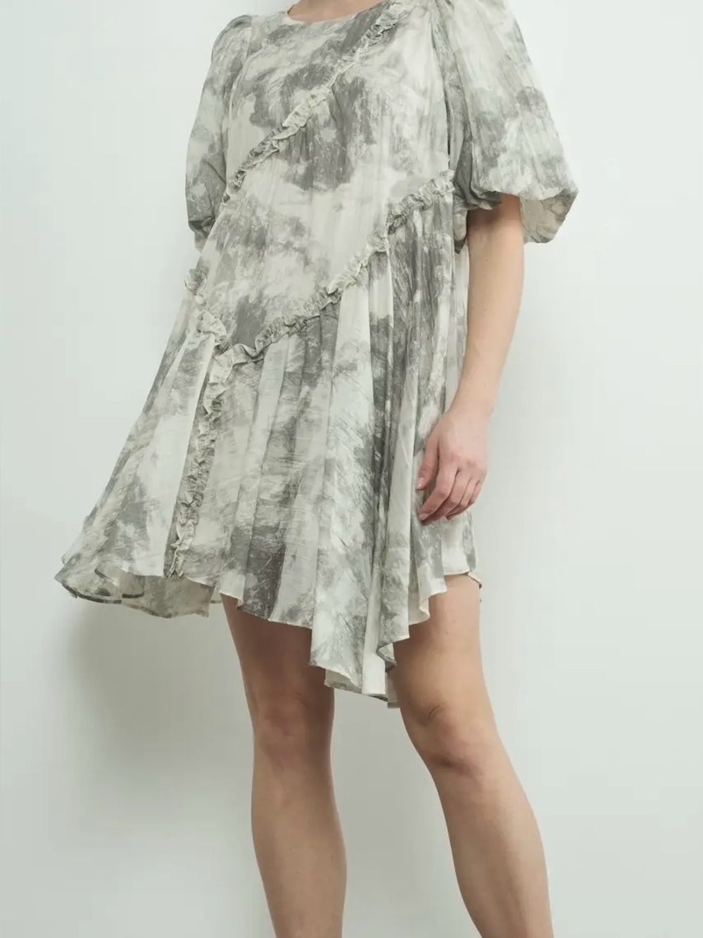 Asymmetrical Grey Marble Ruffle Short Dress